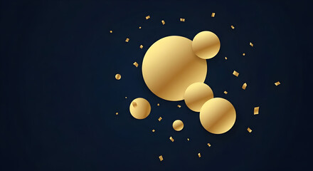 Elegant Gold Spheres on Dark Blue Background with Confetti.