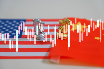 Two knights standing on United States and China flag 
