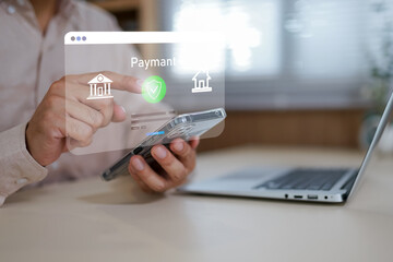 Businessman using smartphone for digital payment with fintech icons, secure online shopping, e-commerce transaction, mobile banking, financial technology, and global cashless economy concept.