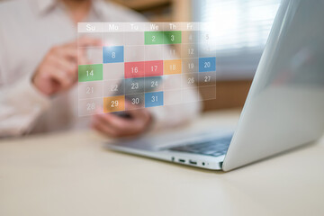 Digital calendar planning assistant powered by artificial intelligence, showing futuristic scheduling interface with task icons, chatbot symbol, and glowing notifications on smart device screen