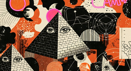 Abstract Eye of Providence Pyramid Collage with Geometric Shapes.