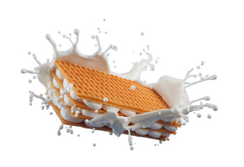 waffle sandwich with milk splash on white background.