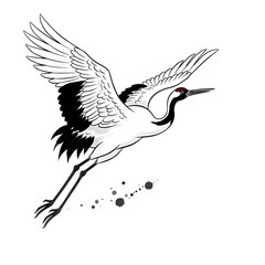 Elegant Red-Crowned Crane in Flight - A Detailed Line Art Illustration.