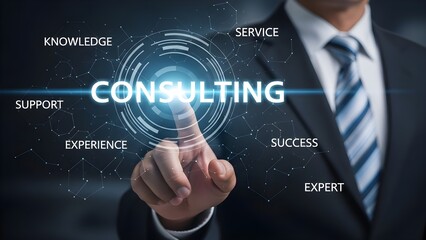 Businessman in a suit interacting with a consulting interface on a dark background with glowing blue lines and keywords.