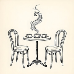 Charming Cafe Scene - Coffee, Table, and Chairs Illustration.