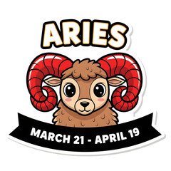 Aries Zodiac Sign Cute Cartoon Ram Illustration with Dates.