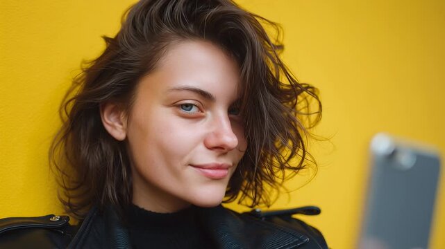A young woman enjoys moments of self-reflection while taking selfies in a cozy indoor space. The bright yellow backdrop adds warmth and cheer to her expressions