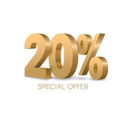 Gold 3D number 20 representing twenty percent on a sleek poster template, ideal for sale promotions, discount offers, work progress displays, and marketing campaigns in vector format.