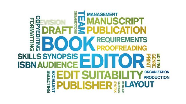 Book Editor animated word cloud-text design animation tag kinetic typography seamless loop.