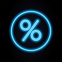 Realistic bright neon percent sign on a glowing frame banner, perfect for sale promotions, special offers, and night advertising designs in vibrant modern style.