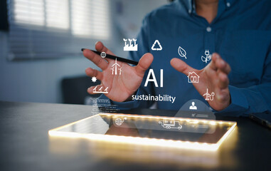 Businessman using laptop with green AI sustainability dashboard, clean energy icons and analytics. Concept of eco-friendly technology, ESG reporting, carbon tracking and digital transformation.