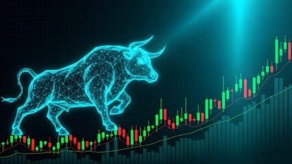 Neon-lit bull illustration charging up a rising stock market graph with green and red bars on a dark background with a beam of light.