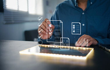 Businessman using smartphone and stylus to approve digital documents, representing mobile document management, e-signature workflow, compliance review, checklist verification, digital approval system.