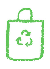 Eco-Friendly Green Crayon Drawing of a Bag with Recycling Symbol Inside. Environmental and Sustainable Design. Vector Illustration
