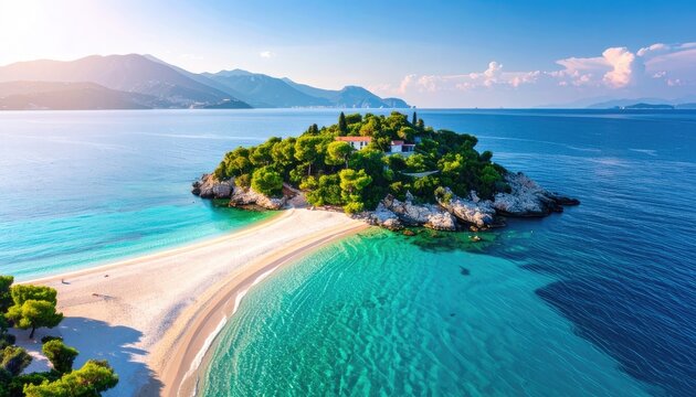 Aerial view of a small, lush green island with a tombolo beach connecting to the shore in clear turquoise waters.