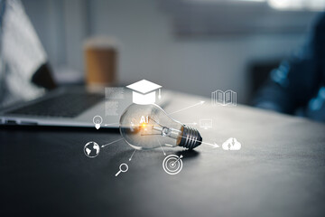 E-learning graduate certificate program concept with light bulb and graduation cap icon, symbolizing online education, creative thinking, study knowledge, and problem-solving in digital learning.