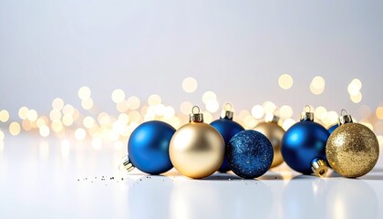A beautiful arrangement of blue and gold Christmas ornaments with soft bokeh lights in the background.