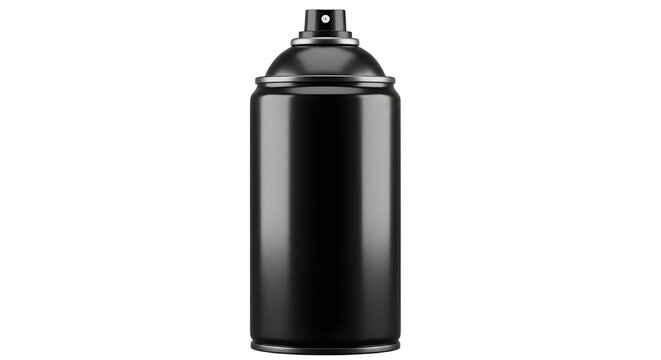a matte black spray paint can shown from a front-facing, eye-level perspective against a plain white background. - Powered by Adobe