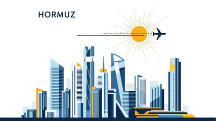 Fototapeta premium Modern Cityscape with Airplane Flying Over Sunlit Skyscrapers - Illustrative Vector Art
