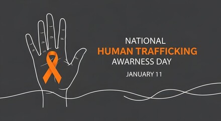 National Human Trafficking Awareness Day Banner, Hand with Orange Ribbon on Dark Background