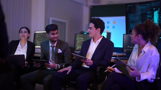 Global business finance and cybersecurity concept. Successful corporate team analyzing stock market trends and big data. Digital transformation strategy for future economic growth and financial invest