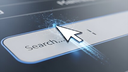 Digital search bar interface with cursor click—sleek symbol of online exploration and user interaction.