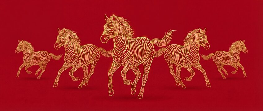 Five golden zebras running on red background