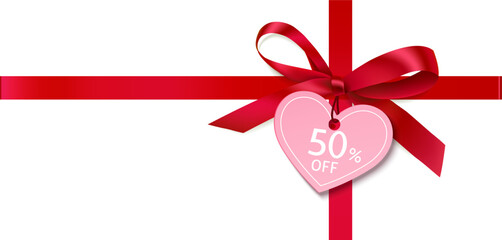 Decorative red bow with heart price tag isolated on white. Valentines Day holiday gift design. Vector stock illustration