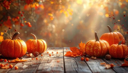 A vibrant display of orange pumpkins and autumn leaves rests on weathered wooden planks under warm sunlight.