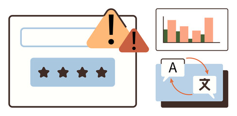 Warning alerts over a password form, bar chart analytics, and language translation process. Ideal for data analysis, security, feedback systems, global communication, risk management, information © robu_s