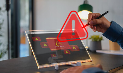 developer using computer laptop with triangle caution warning sign for notification error and maintenance concept. Computer virus detected, network security and maintenance concept.
