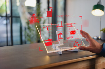 Cybersecurity warning on laptop login interface. Hacker attack, data breach, system hack alert, and unauthorized access risk. Concept of digital security threat and login vulnerability.