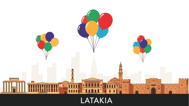 Latakia City Skyline Vector Illustration with Colorful Balloons A Festive Urban Scene Celebrating Architectural Heritage and Joyful Community Events