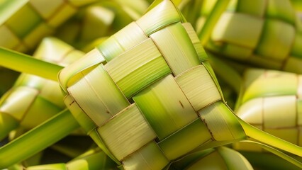 Traditional Woven Ketupat Rice Packets Closeup.
