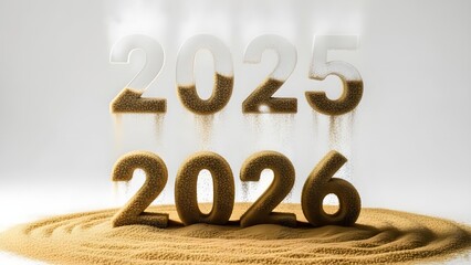 Conceptual depiction of the transition from year 2025 to 2026 visualized as sand grains falling into a pile below against a bright background