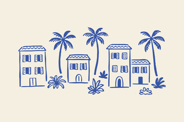 Tropical village houses and palm trees doodle vector illustration