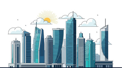 Modern city skyline illustration depicting a vibrant urban landscape with contemporary skyscrapers and buildings under a bright sunny sky, showcasing architectural design