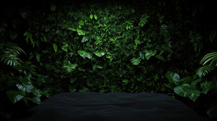 A dark green jungle wall with a black bed in the foreground.