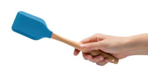 A person's hand holding a blue silicone spatula with a wooden handle, isolated on white.