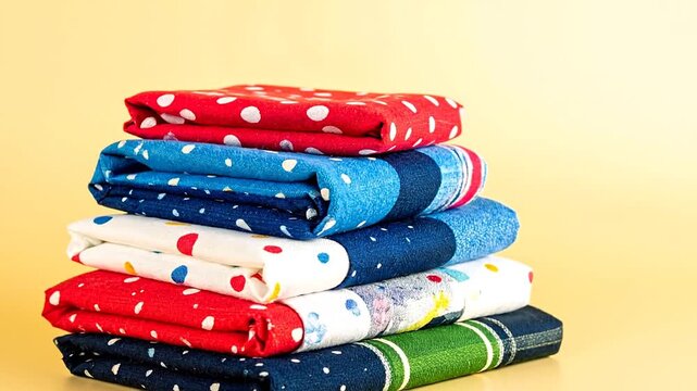 A stack of colorful folded textiles, varying in pattern, sit against a warm yellow backdrop