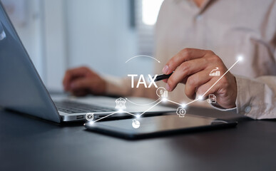 E-tax, Taxpayer using laptop filling out tax forms online for tax payment. State taxes, data analysis, paperwork, financial research, report VAT and property tax of business.