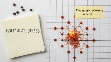 Conceptual representation of molecular stress and microscopic imbalance of force with colorful spheres on grid and notes