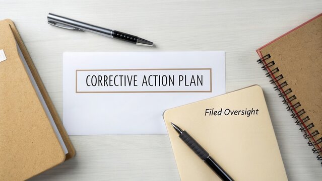 Corrective Action Plan Document on Table Surrounded by Notebooks and Pens for Business and Management Purpose