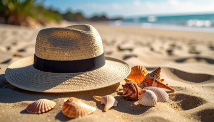 A straw fedora rests on sun-drenched sand beside scattered seashells with the ocean blurred in the background.