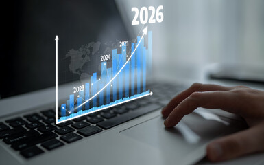 A conceptual image depicting a growing data graph on a laptop screen, showcasing financial projections and trends from 2023 to 2026 for business analytics. Tessel