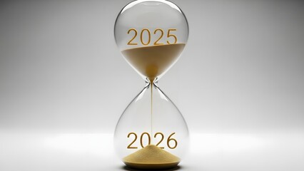 Time runs out for two thousand twenty five as sand falls into the bottom bulb marking the approaching year two thousand twenty six concept