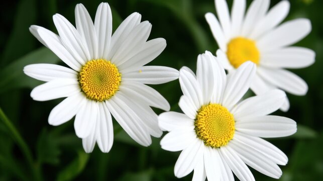 A close-up of three white daisies with yellow centers, set against a blurred green background. - Powered by Adobe