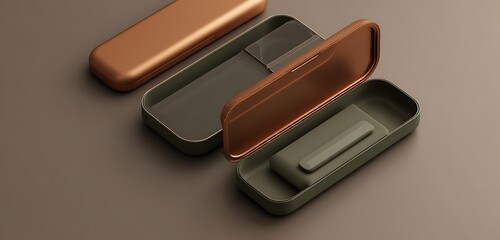 Transformable modular case mockup in sleek matte copper and slate tones