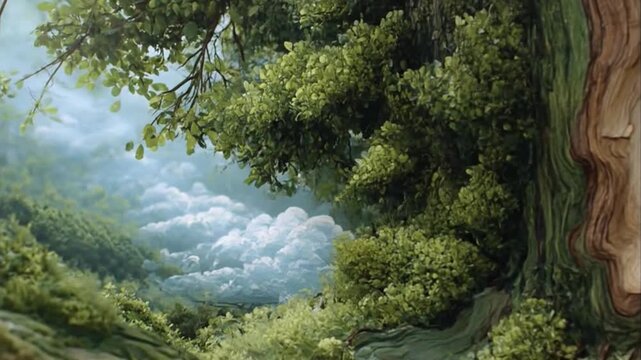 Immerse yourself in a lush, dreamlike forest landscape, where vibrant green foliage and intricate tree textures create an enchanting, stylized natural world. A soft, ethereal blue and white mist or cl