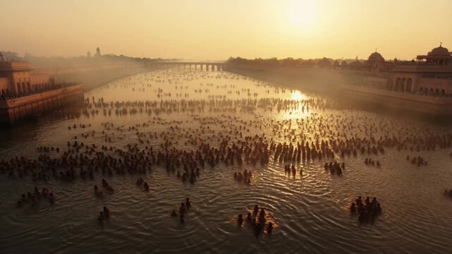 Aerial view of thousands of pilgrims taking a holy dip in the ganges river at sunrise during makar sankranti in varanasi, with golden light and morning mist concept of mass spiritual devotion 